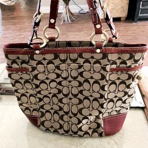 Coach Brown Signature Canvas Shoulder Bag with Red Leather